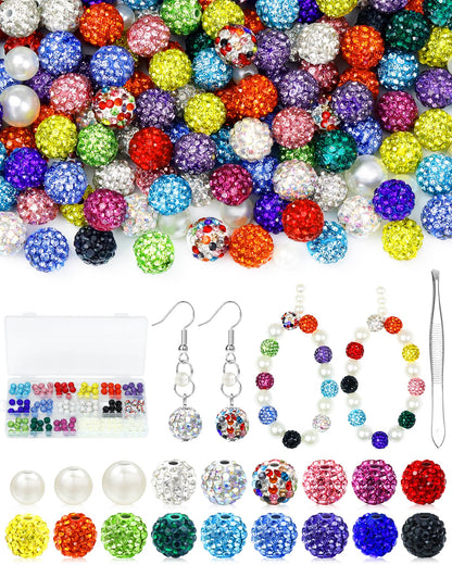 200PCS FIVEIZERO Rhinestone Beads for Jewelry Making, 15 Colors Round Sparkle Crystal Clay Bead Bulk Sparkly Baseball Necklace Beads for Bracelets and DIY Crafts