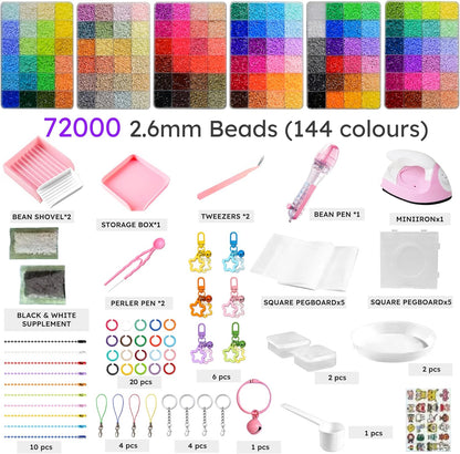SIFNAORU 144 Colors 70000pcs Fuse Beads Kit-Easy DIY- 2.6mm Melty Beads Kit, All in one DIY Crafts Supplies for Women, Birthday Ideal Gifts,Pixel Art Building Blocks