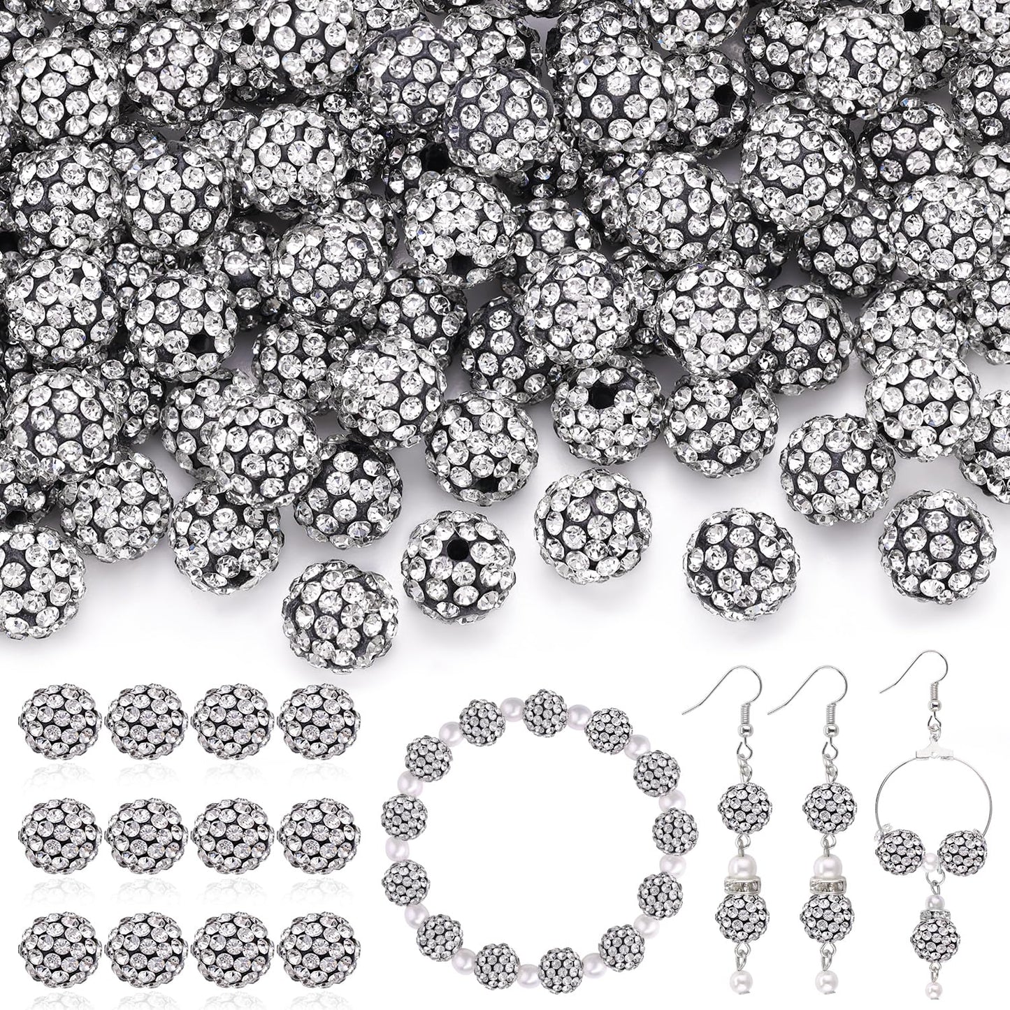 120 pcs 10mm Rhinestone Beads for Jewelry Making, 12 Mixed Colors Shiny Round Shamballa Disco Ball Beads, Sparkle Crystal Clay Christmas for Bracelet Baseball Necklace Earring and DIY