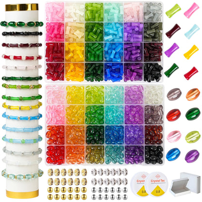 REVKI 1300PCS 8mm Mixed Crackle Glass Beads for Bracelets Making with Accessories, 48 Colors Crystal Glass Beads Jewelry Making Kit, Round Beads for DIY Bracelet Crafts
