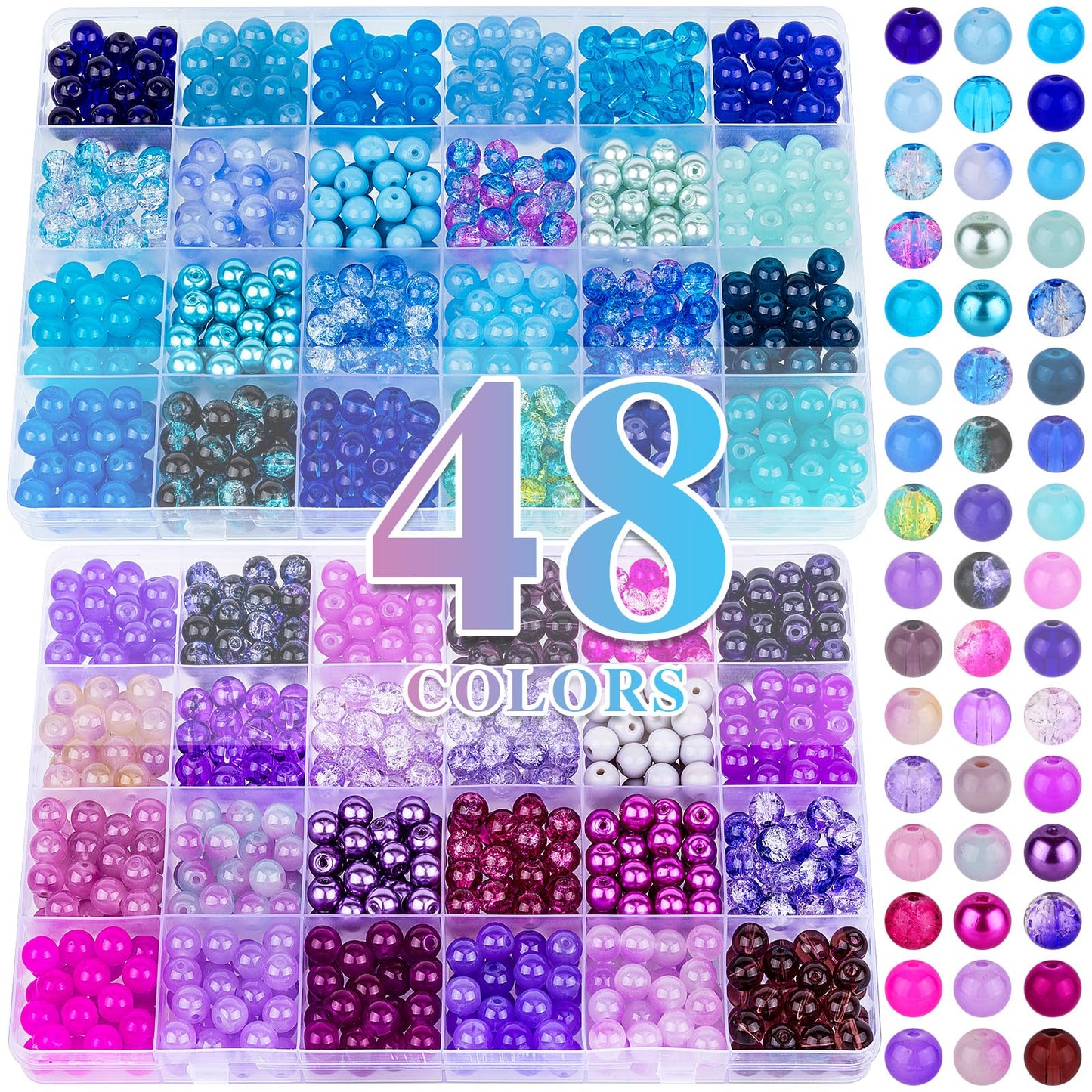 XSEINO 2400 PCS 8mm Glass Beads Bracelet Making Kit, 47 Colors Crystal Beads for Jewelry Making and DIY Crafts，4 Box Round Beads