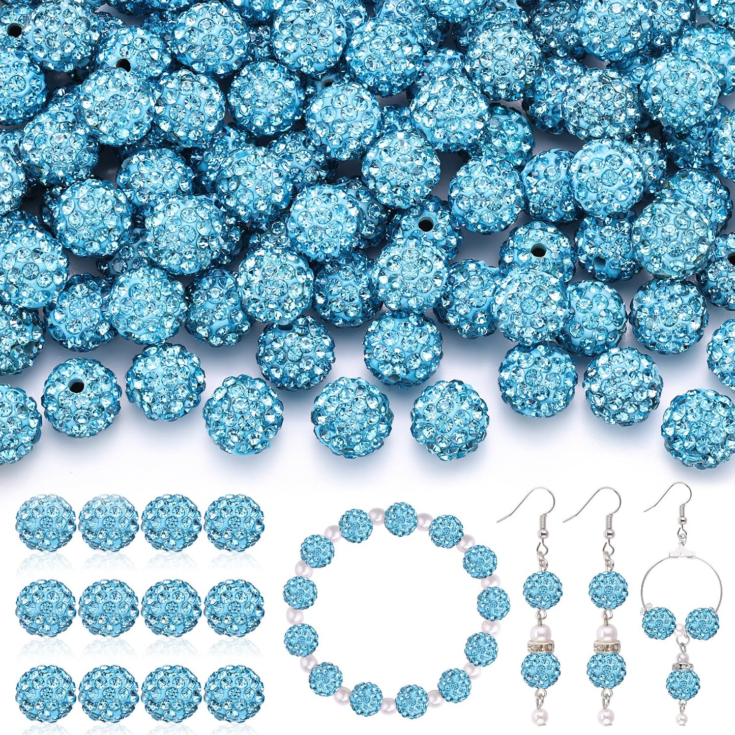 120 pcs 10mm Rhinestone Beads for Jewelry Making, 12 Mixed Colors Shiny Round Shamballa Disco Ball Beads, Sparkle Crystal Clay Christmas for Bracelet Baseball Necklace Earring and DIY